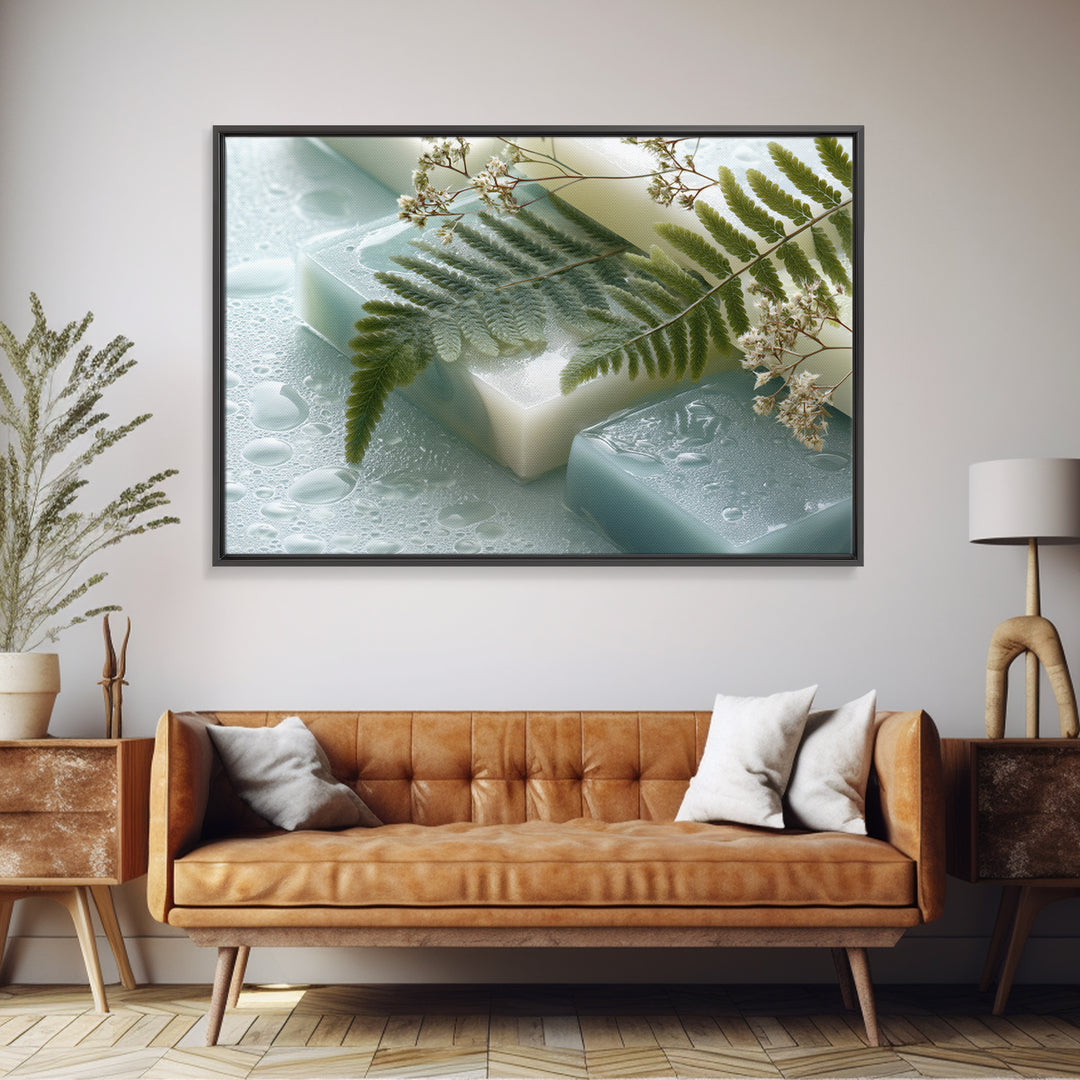 Green Fern Frond Closeup Framed Canvas Print, Bathroom Art, Home Decor, Bathroom Decor, Fine Art, Spa, Canvas Wall Art, BAT-3x2-14