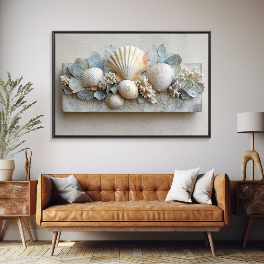 Coral and Shell Arrangement Framed Canvas Print, Bathroom Art, Minimalist Decor, Bathroom Decor, Fine Art, Spa, Wall Hanging, BAT-3x2-15