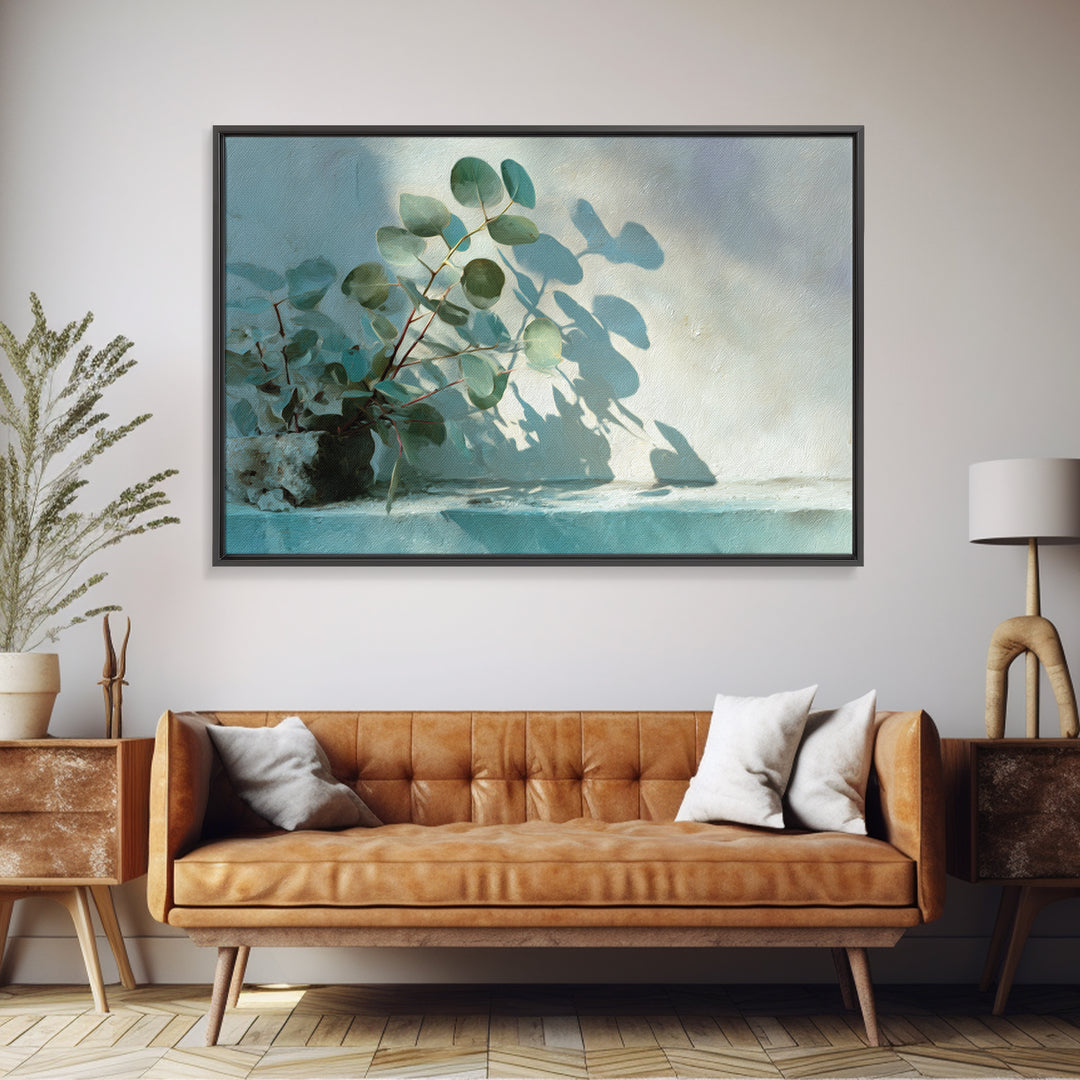 Sunlit Window Plant Shadow on Plaster Canvas Print, Bathroom Art, Digital Art, Bathroom Decor, Oil Painting, Spa, BAT-3x2-22