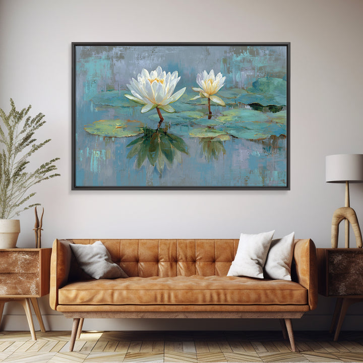 Lotus Flower Floating on Calm Water Framed Canvas Print, Bathroom Art, Digital Wall Art, Bathroom Decor, Fine Art, Spa, BAT-3x2-24