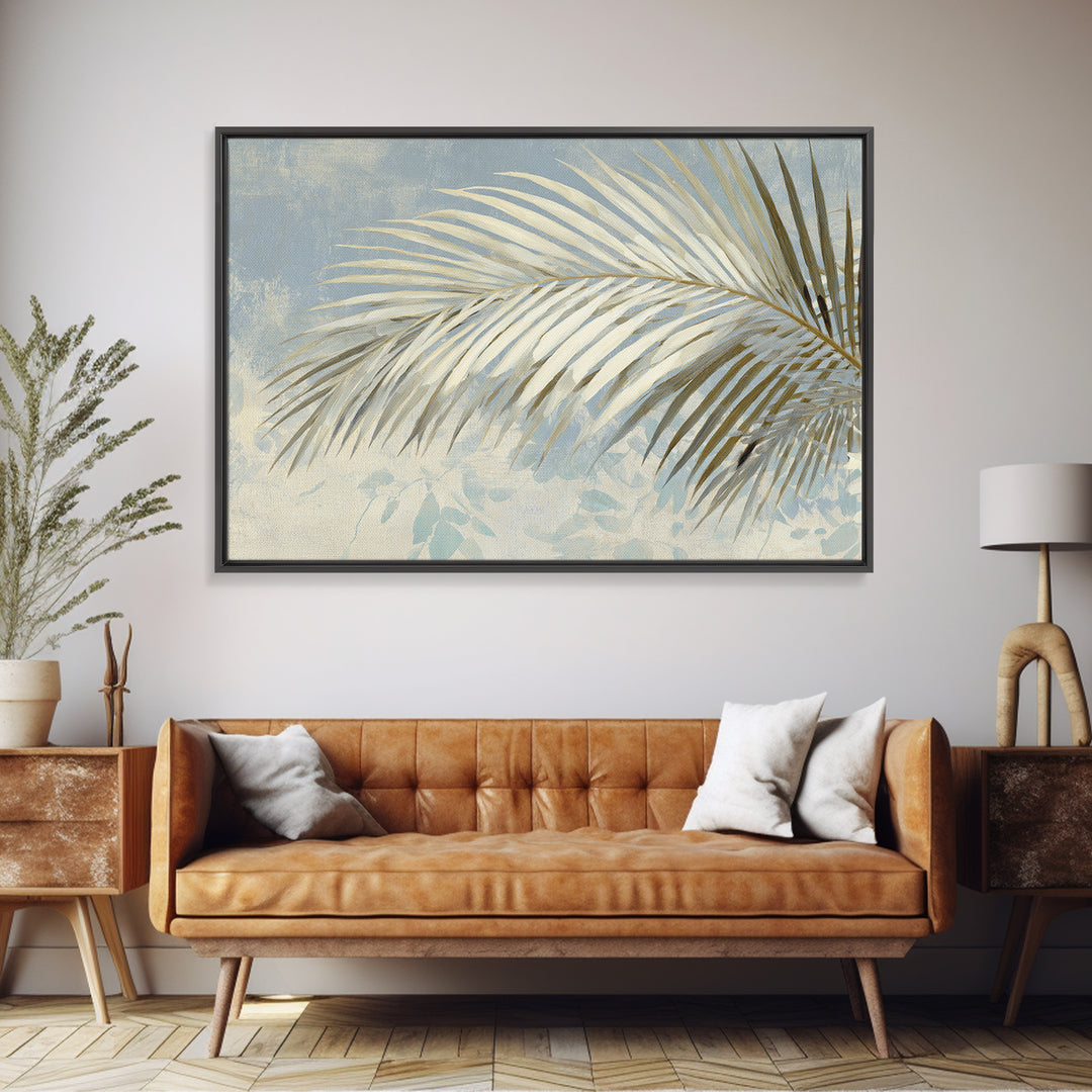 Simple Palm Frond on Off White Linen Framed Canvas Print, Bathroom Art, Custom Pet Portrait, Bathroom Decor, Fine Art, Spa, BAT-3x2-27