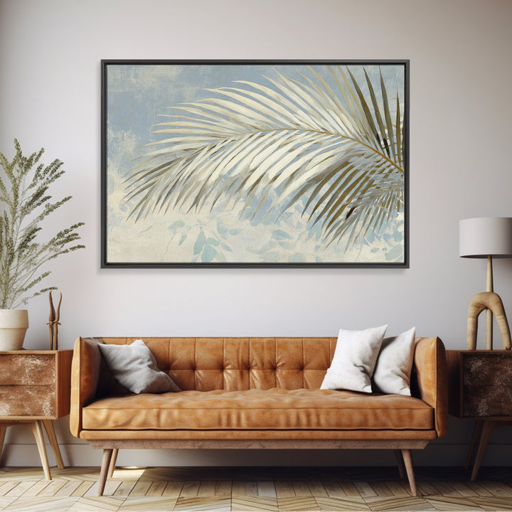 Simple Palm Frond on Off White Linen Framed Canvas Print, Bathroom Art, Custom Pet Portrait, Bathroom Decor, Fine Art, Spa, BAT-3x2-27