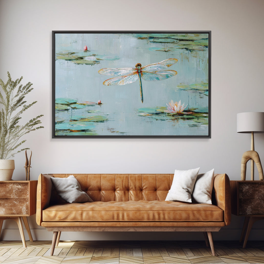 Delicate Dragonfly Above a Pond Surface Framed Canvas Print, Bathroom Art, Home Decor, Bathroom Decor, Fine Art, Spa, BAT-3x2-28