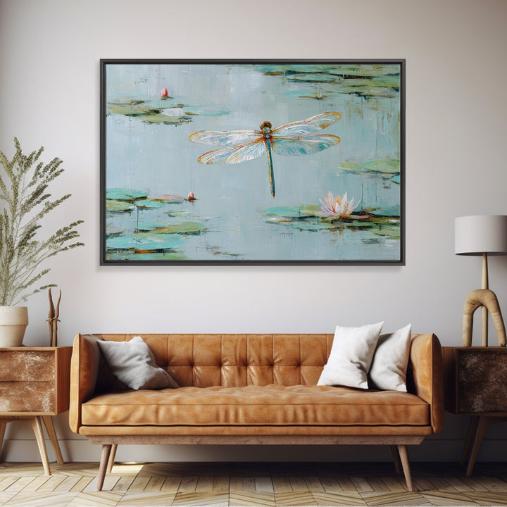 Delicate Dragonfly Above a Pond Surface Framed Canvas Print, Bathroom Art, Home Decor, Bathroom Decor, Fine Art, Spa, BAT-3x2-28