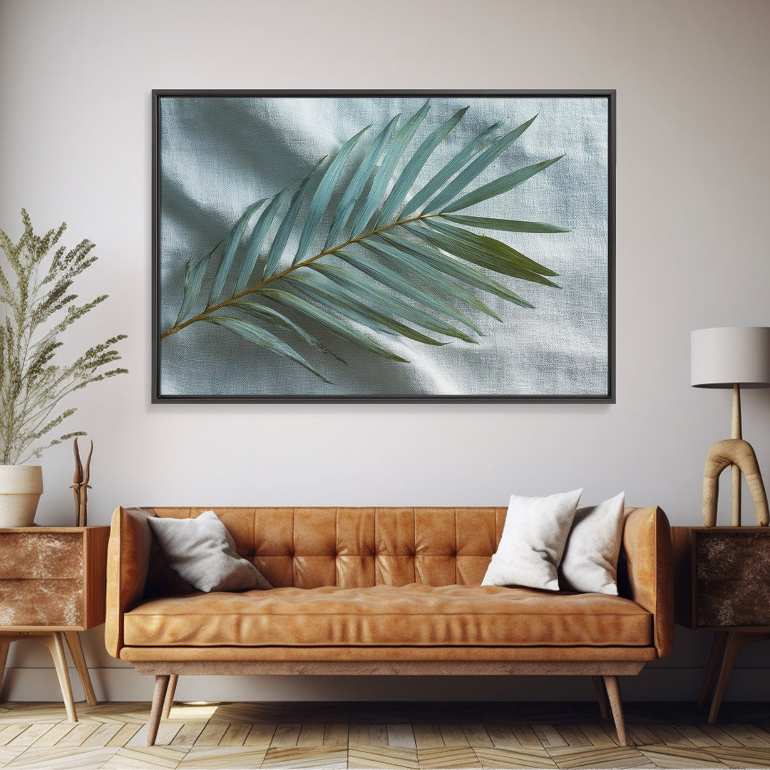 Simple Palm Frond on Off White Linen Canvas Print, Bathroom Art, Poster, Bathroom Decor, Abstract Art, Spa, Digital Print, BAT-3x2-3