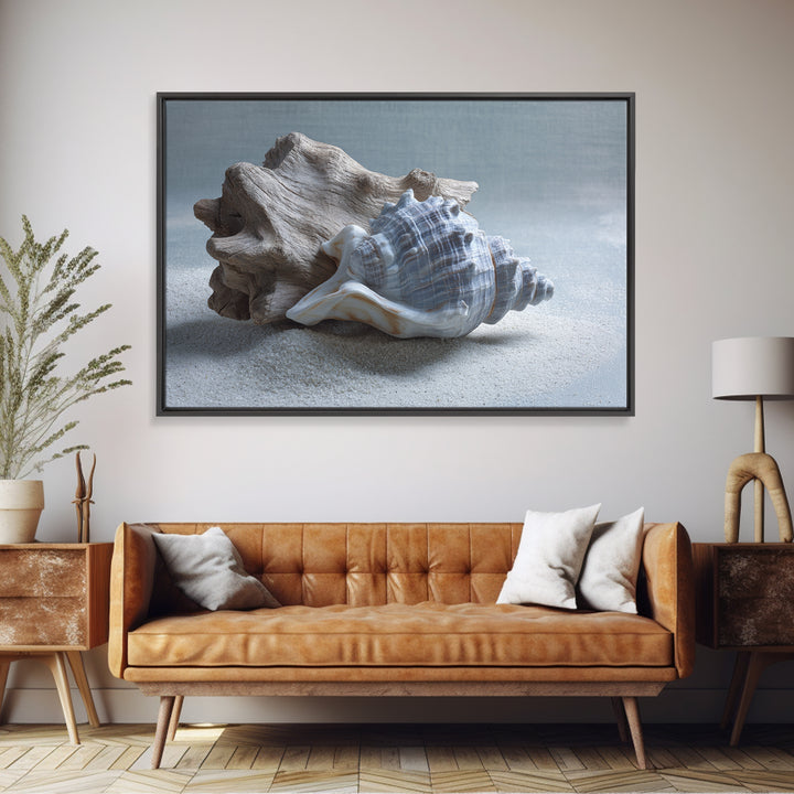 Minimal Seashell Still Life on Pale Sand Framed Canvas Print, Bathroom Art, Canvas Wall Art, Bathroom Decor, Fine Art, Spa, BAT-3x2-31