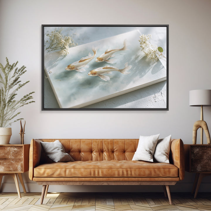 Minimal Koi Fish Swimming Through Clear Water Framed Canvas Print, Bathroom Art, Bathroom Wall Art, Bathroom Decor, Spa, BAT-3x2-36