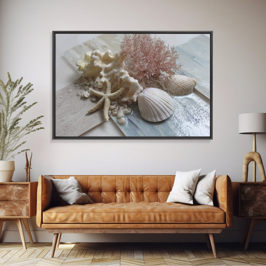 Coral and Shell Arrangement Framed Canvas Print, Bathroom Art, Retro Wall Art, Bathroom Decor, Fine Art, Spa, Modern Decor, BAT-3x2-39