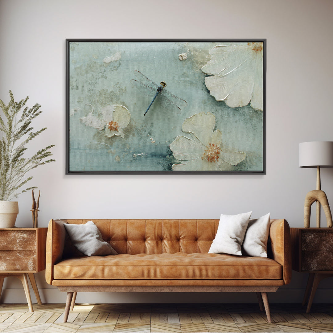 Delicate Dragonfly Above a Pond Surface Canvas Print, Bathroom Art, Room Decor, Bathroom Decor, Oil Painting, Spa, BAT-3x2-4