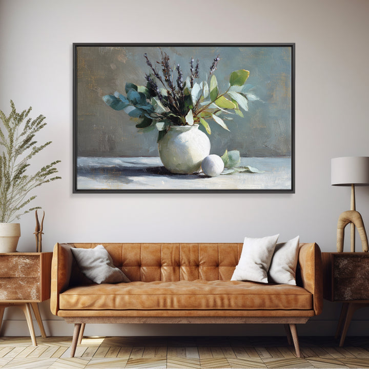 Lavender Sprigs in a Ceramic Vase Framed Canvas Print, Bathroom Art, Bathroom Decor, Oil Painting, Spa, Bathroom Accessories, BAT-3x2-40