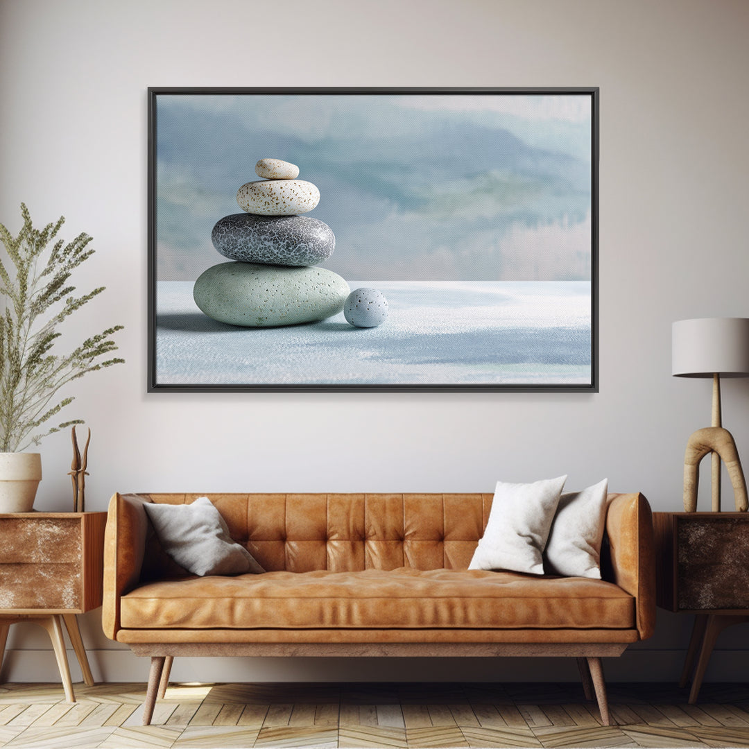 Monochrome Pebble Stack Framed Canvas Print, Bathroom Art, Bathroom Decor, Watercolor Art, Spa, Funny Bathroom Art, BAT-3x2-41