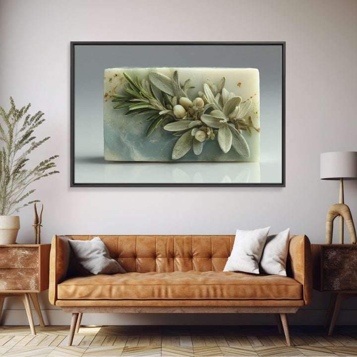 Botanical Bath Herb Arrangement Framed Canvas Print, Bathroom Art, Dopamine Decor, Bathroom Decor, Fine Art, Spa, Halloween Art, BAT-3x2-45