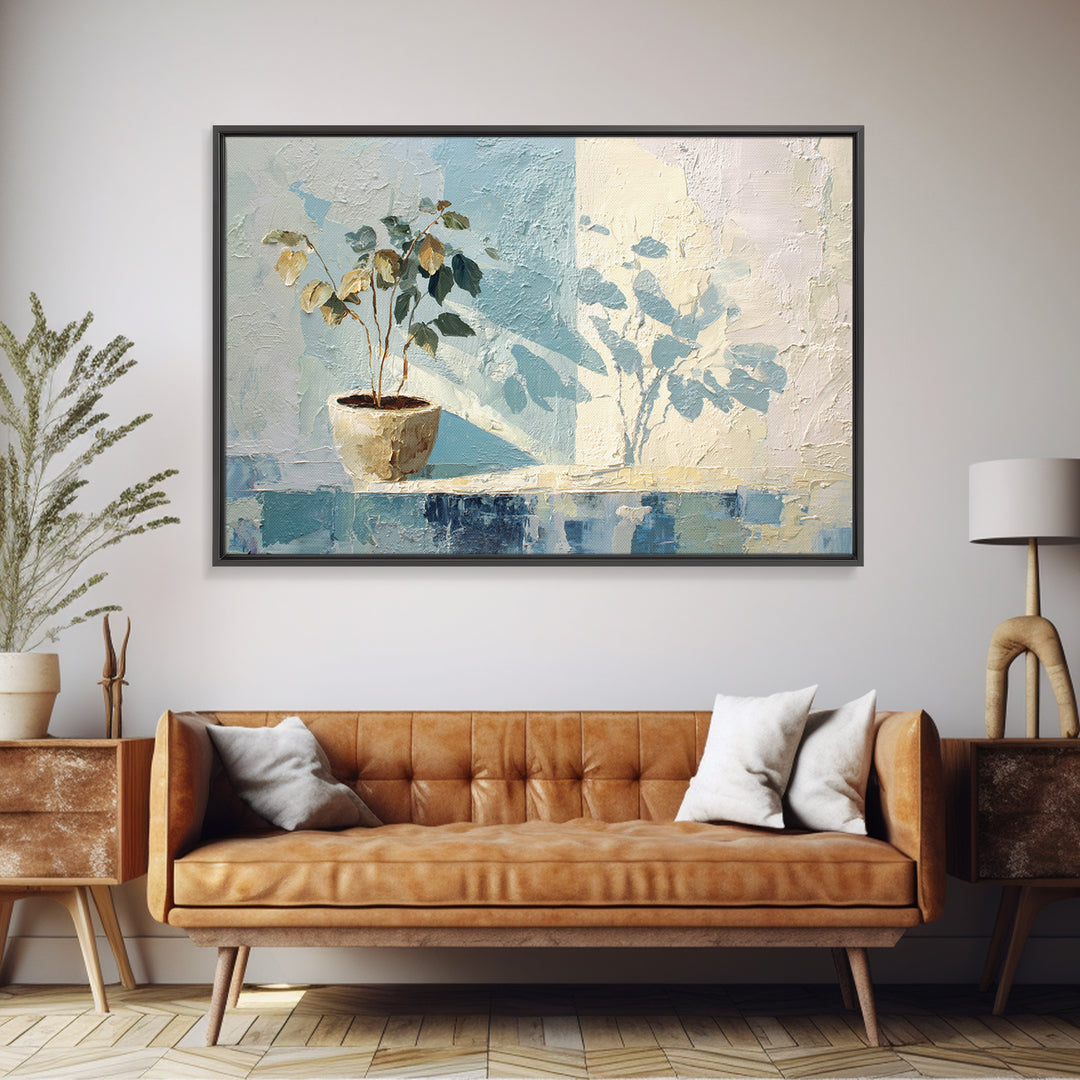 Sunlit Window Plant Shadow on Plaster Framed Canvas Print, Bathroom Art, Bathroom Wall Art, Bathroom Decor, Fine Art, Spa, BAT-3x2-46
