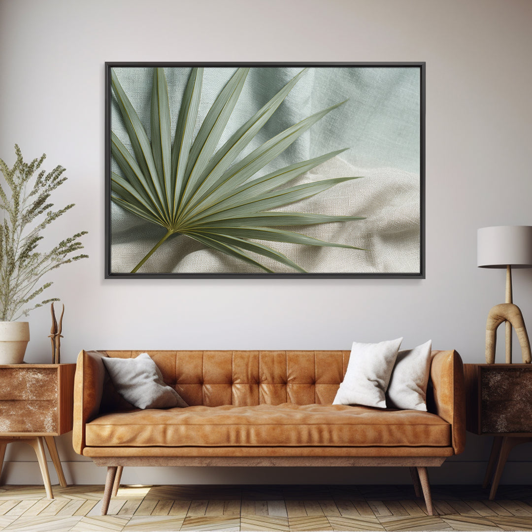Simple Palm Frond on Off White Linen Canvas Print, Bathroom Art, Canvas Wall Art, Bathroom Decor, Spa, Bathroom Wallpaper, BAT-3x2-51
