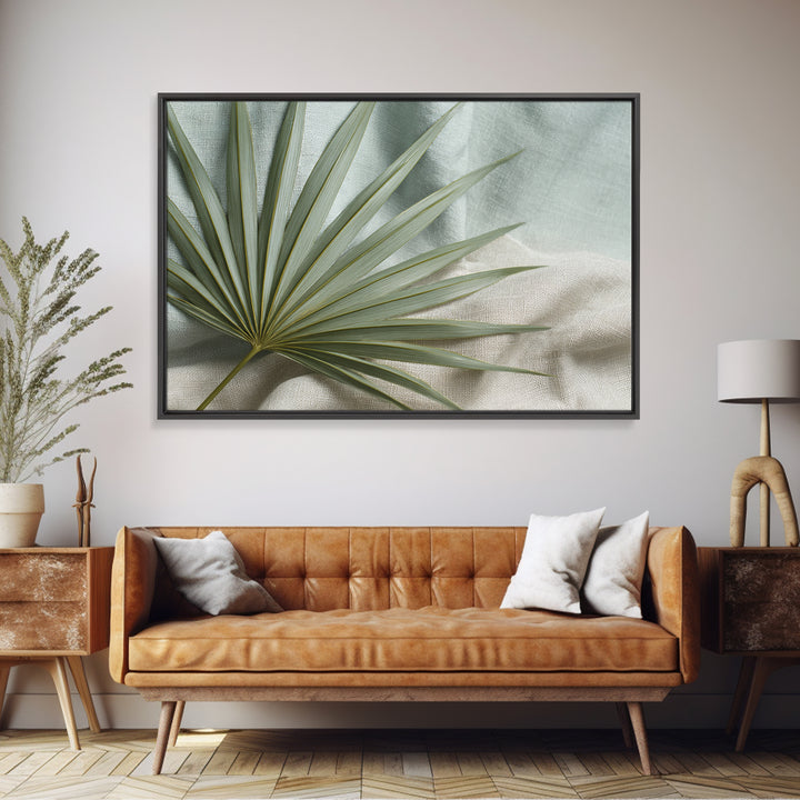 Simple Palm Frond on Off White Linen Canvas Print, Bathroom Art, Canvas Wall Art, Bathroom Decor, Spa, Bathroom Wallpaper, BAT-3x2-51
