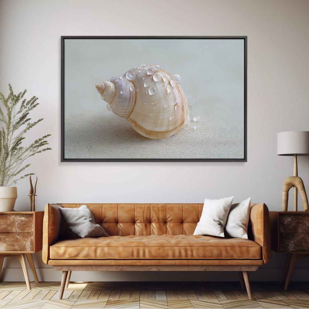Minimal Seashell Still Life on Pale Sand Framed Canvas Print, Bathroom Art, Boho Decor, Bathroom Decor, Oil Painting, Spa, BAT-3x2-55
