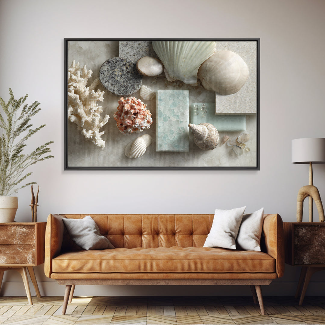 Coral and Shell Arrangement Framed Canvas Print, Bathroom Art, Contemporary Art, Bathroom Decor, Fine Art, Spa, Framed Wall Art, BAT-3x2-63