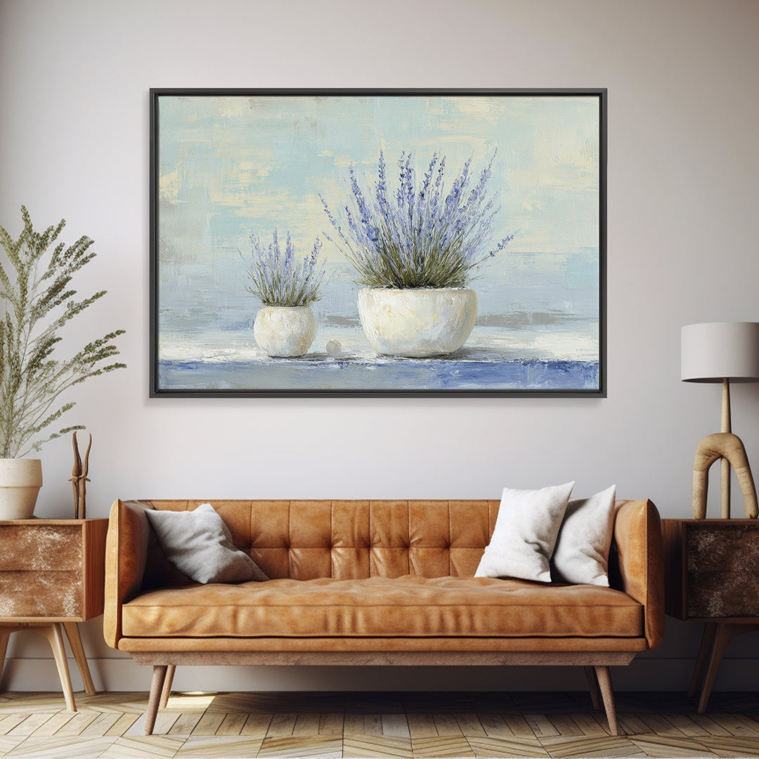 Lavender Sprigs in a Ceramic Vase Framed Canvas Print, Bathroom Art, Retro Wall Art, Bathroom Decor, Abstract Art, Spa, BAT-3x2-64