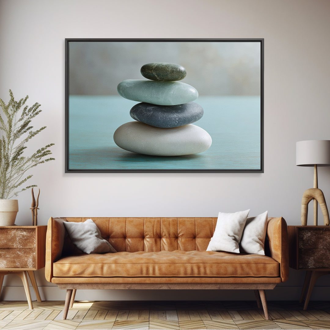 Monochrome Pebble Stack Framed Canvas Print, Bathroom Art, Bathroom Decor, Watercolor Art, Spa, Funny Bathroom Art, BAT-3x2-65