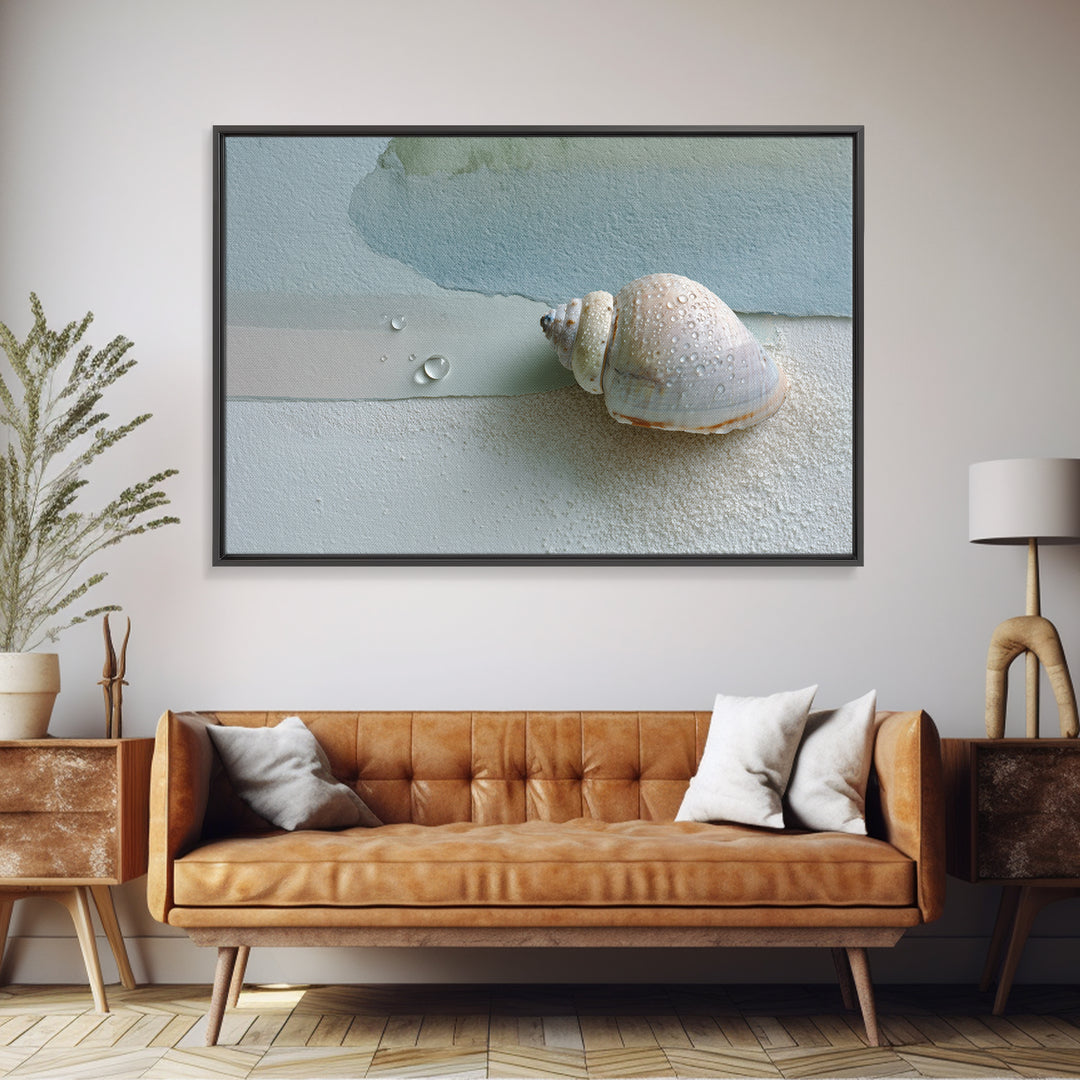 Minimal Seashell Still Life on Pale Sand Framed Canvas Print, Bathroom Art, Statement Artwork, Bathroom Decor, Abstract Art, BAT-3x2-7