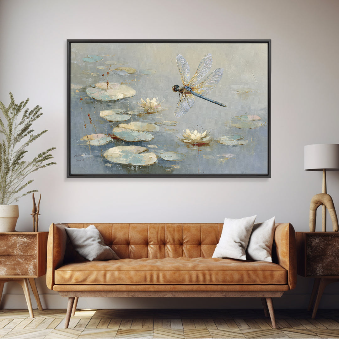 Delicate Dragonfly Above a Pond Surface Canvas Print, Bathroom Art, Unique Wall Art, Bathroom Decor, Spa, Gallery Decor, BAT-3x2-76