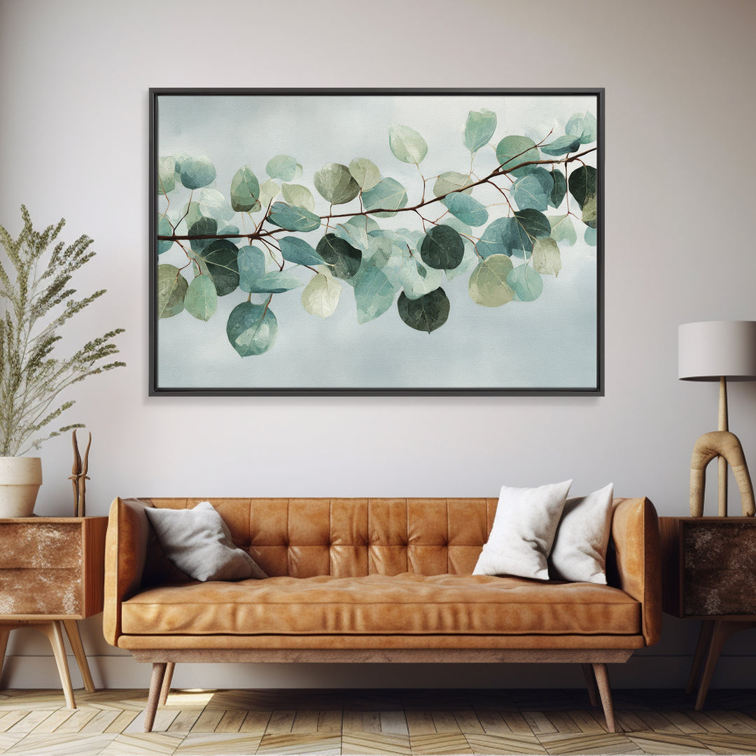 Spa Eucalyptus Branch Framed Canvas Print, Bathroom Art, Bathroom Prints, Bathroom Decor, Watercolor Art, Spa, Trendy Wall Art, BAT-3x2-78