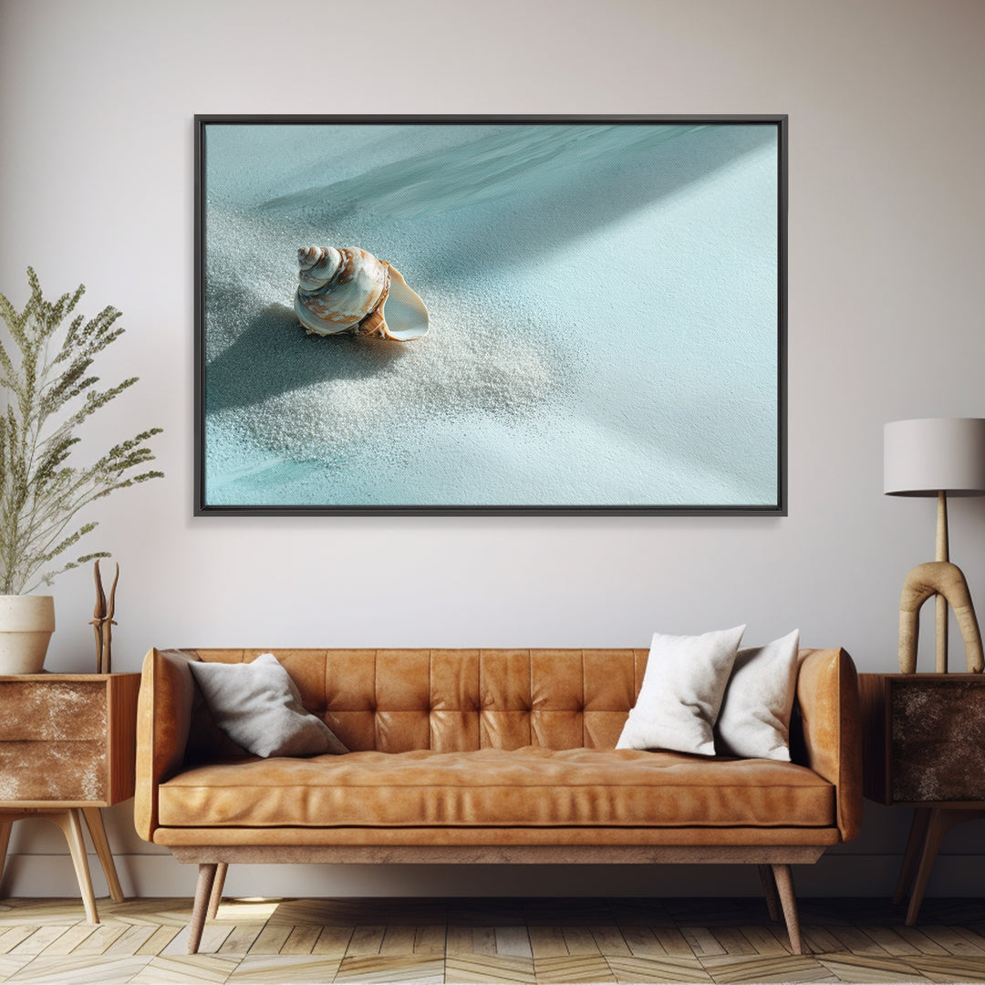 Minimal Seashell Still Life on Pale Sand Framed Canvas Print, Bathroom Art, Digital Print, Bathroom Decor, Watercolor Art, Spa, BAT-3x2-79