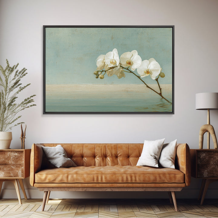 White Orchid on Warm Stone Background Framed Canvas Print, Bathroom Art, Poster, Bathroom Decor, Oil Painting, Spa, BAT-3x2-8