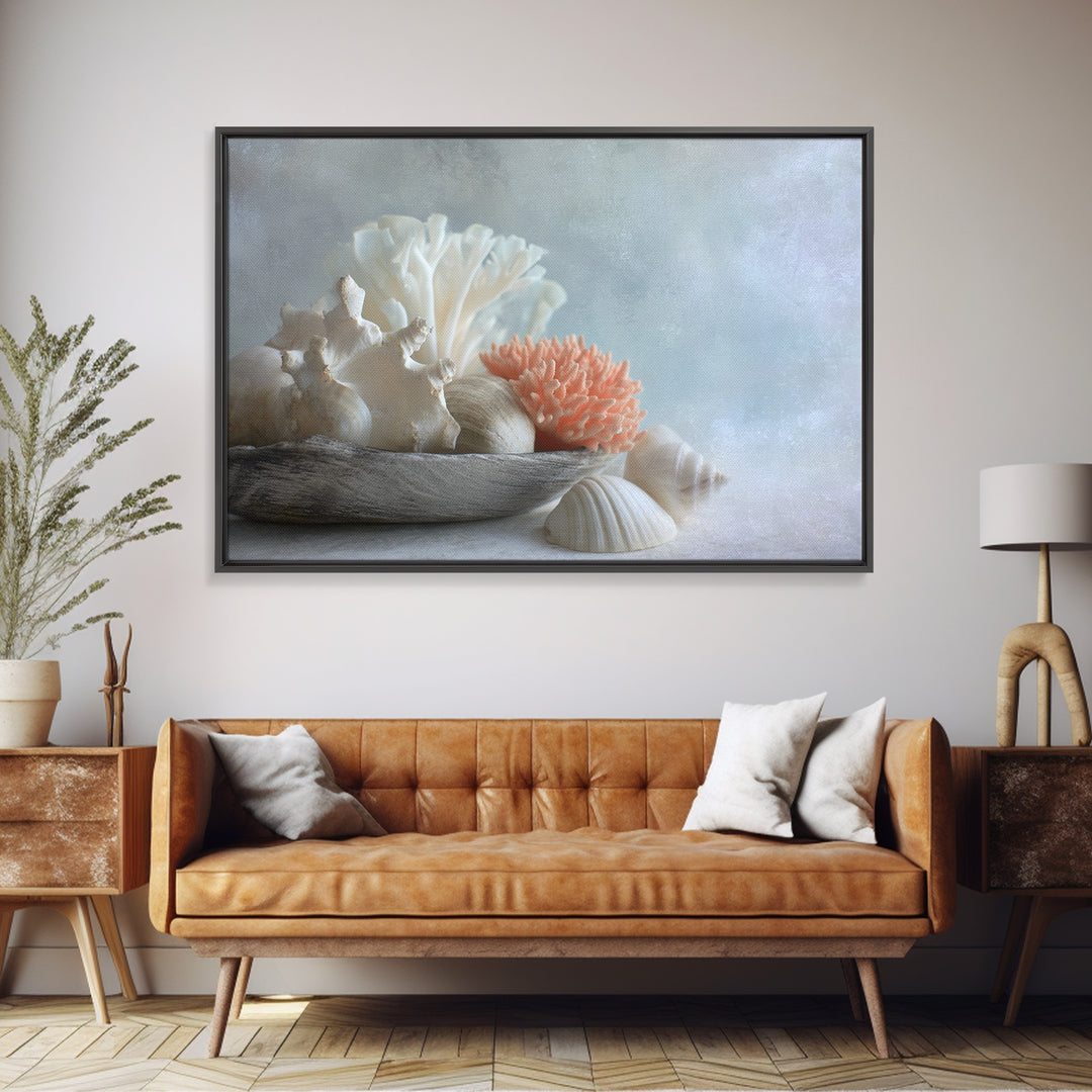 Coral and Shell Arrangement Framed Canvas Print, Bathroom Art, Bathroom Accessories, Bathroom Decor, Spa, Fine Art Print, BAT-3x2-87