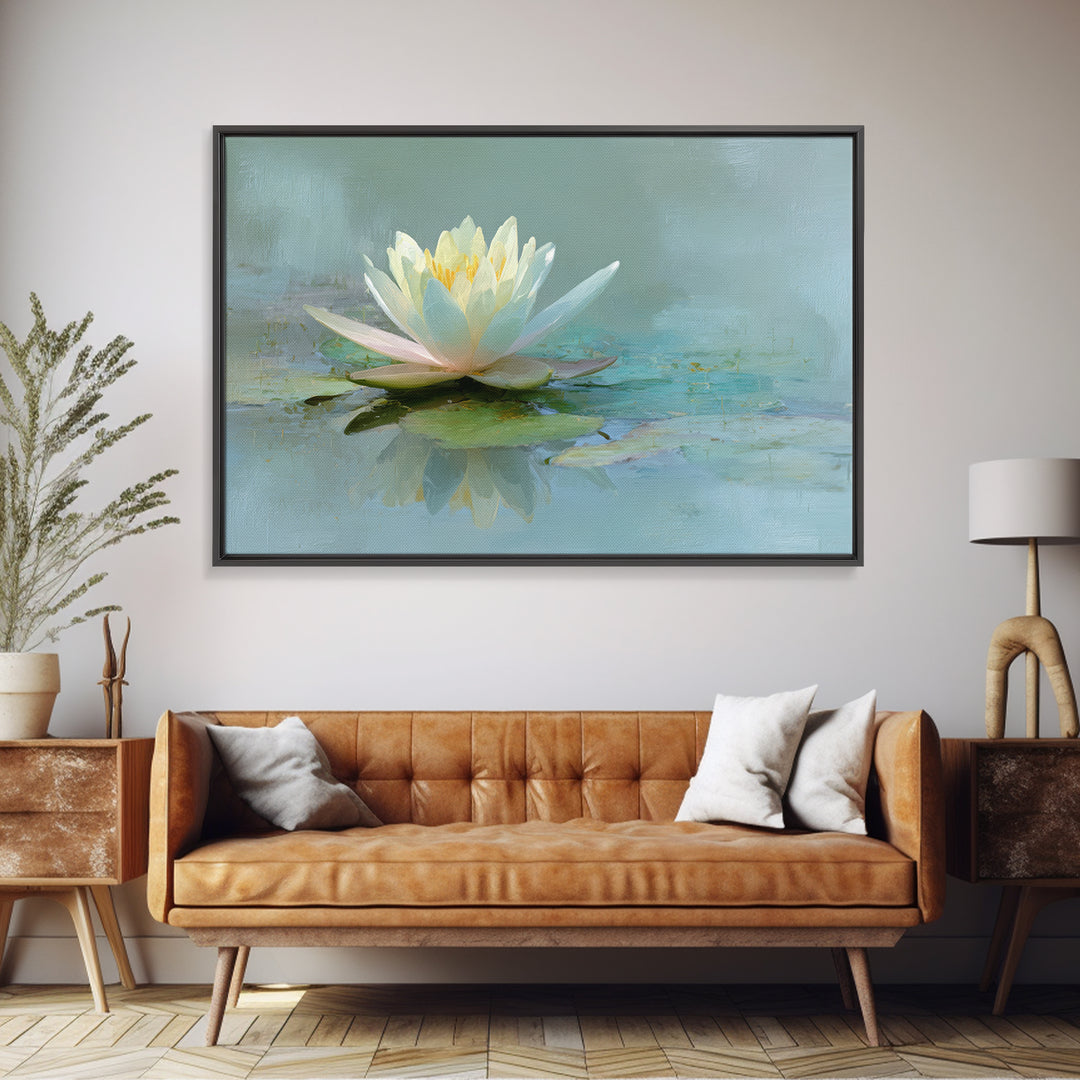 Lotus Flower Floating on Calm Water Framed Canvas Print, Bathroom Art, Trendy Wall Art, Bathroom Decor, Watercolor Art, Spa, BAT-3x2-96