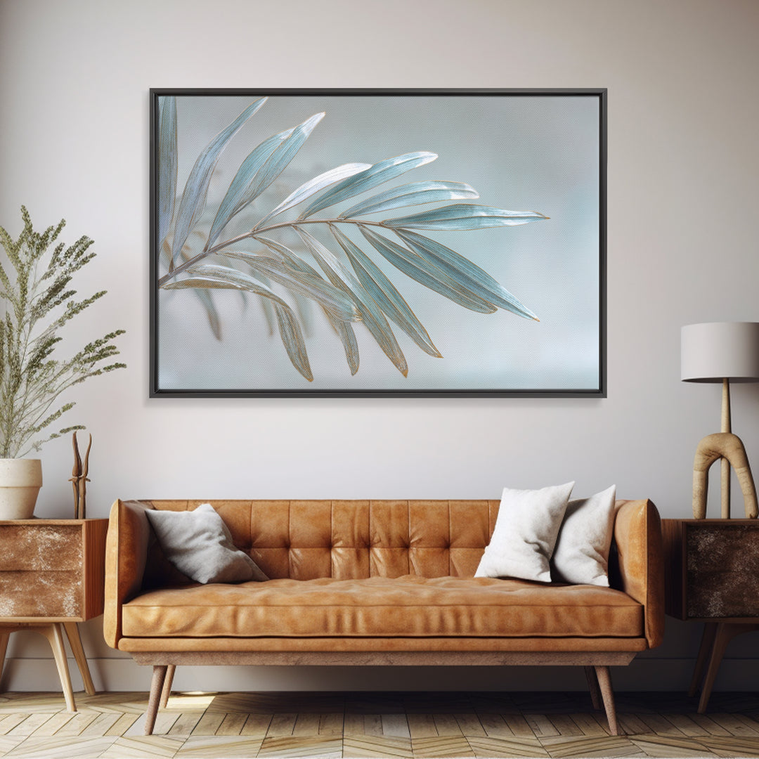 Simple Palm Frond on Off White Linen Framed Canvas Print, Bathroom Art, Gallery Decor, Bathroom Decor, Abstract Art, Spa, BAT-3x2-99