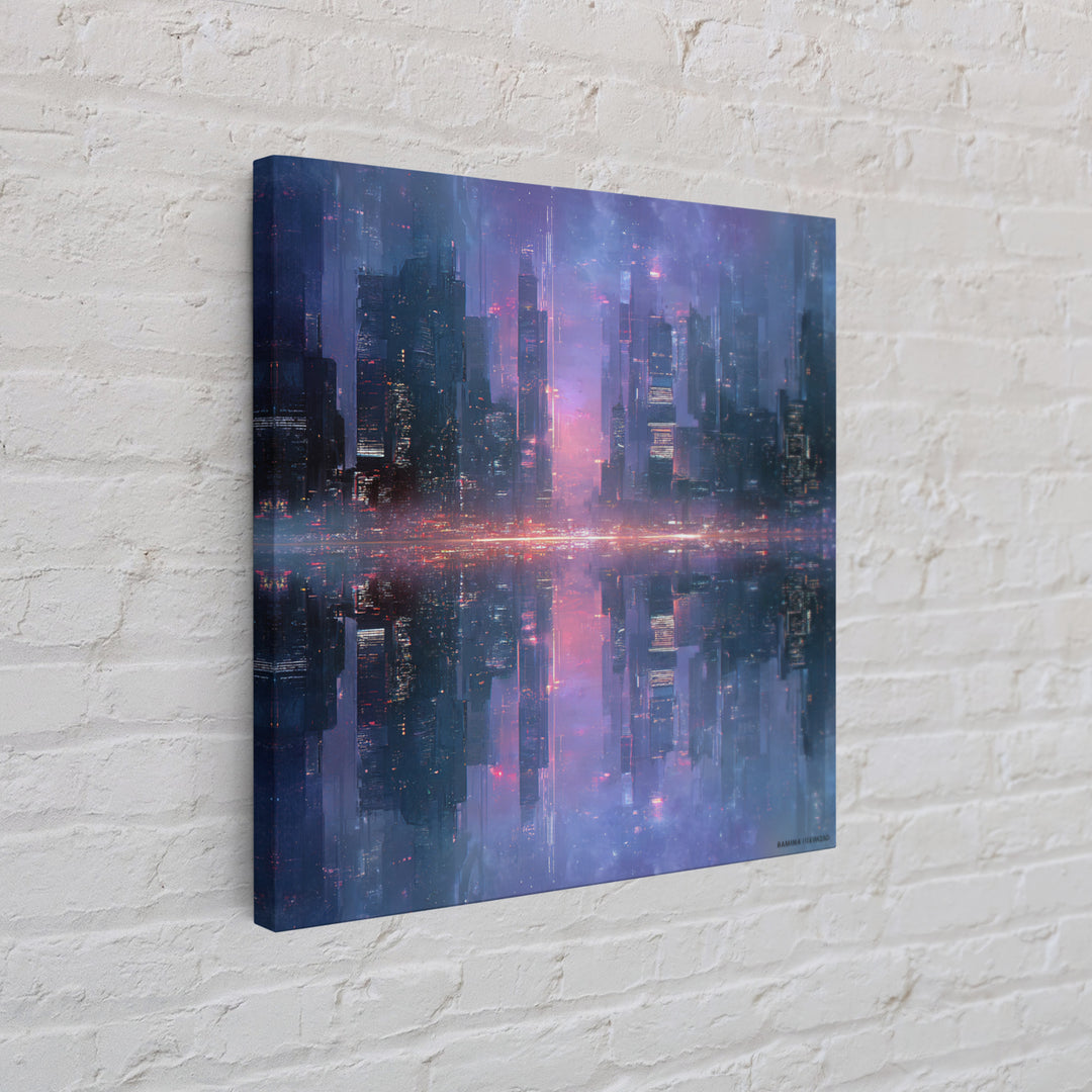 Monochrome City Skyline Reflected Framed Canvas Print, Black and White Art, Living Room Decor, Abstract Art, Monochrome, BAW-1x1-11