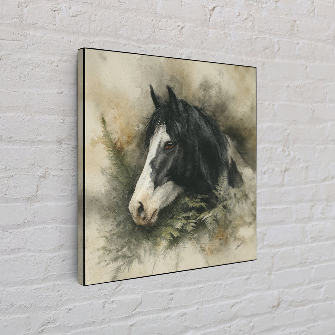 Black and White Wild Horse Portrait Framed Canvas Print, Black and White Art, Textured Painting, Living Room Decor, Monochrome, BAW-1x1-29
