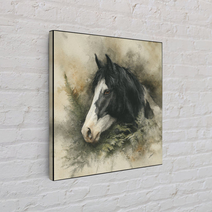 Black and White Wild Horse Portrait Framed Canvas Print, Black and White Art, Textured Painting, Living Room Decor, Monochrome, BAW-1x1-29