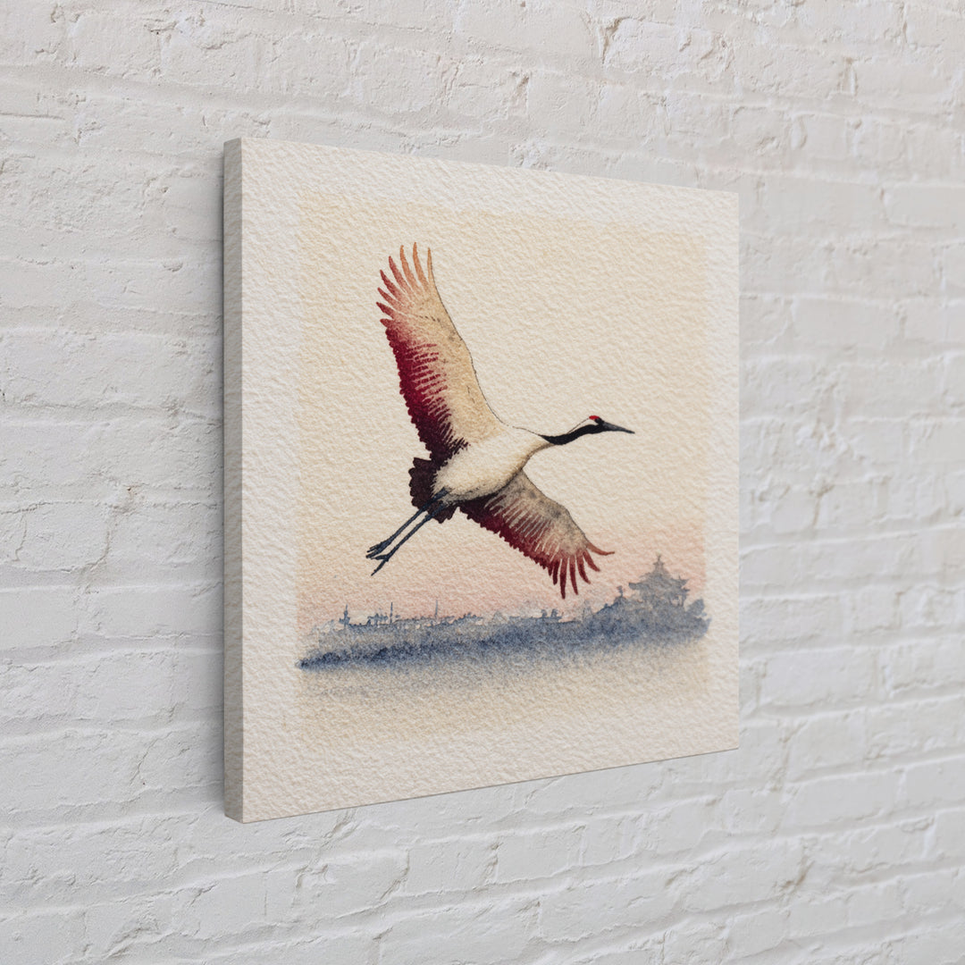 Black Ink Crane Flying Across Empty Sky Canvas Print, Black and White Art, Boho Decor, Living Room Decor, Monochrome, BAW-1x1-37