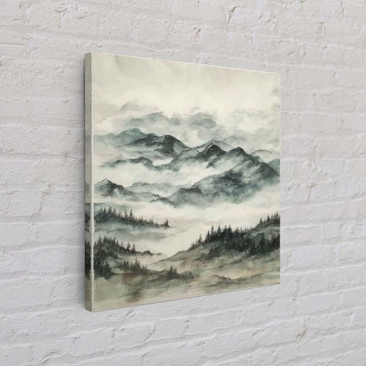 Black Ink Mountain Range Canvas Print, Black and White Art, Cabin Decor, Living Room Decor, Fine Art, Monochrome, BAW-1x1-50