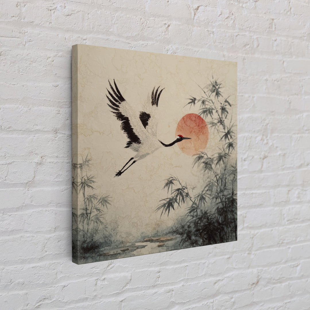 Black Ink Crane Flying Across Empty Sky Canvas Print, Black and White Art, Boho Decor, Living Room Decor, Monochrome, BAW-1x1-61