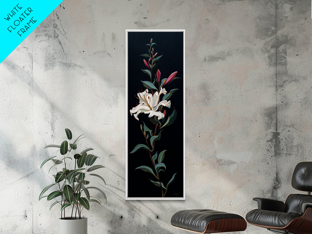 White Flower on Deep Black Background Canvas Print, Black and White Art, Digital Art, Living Room Decor, Watercolor Art, BAW-1x3-48