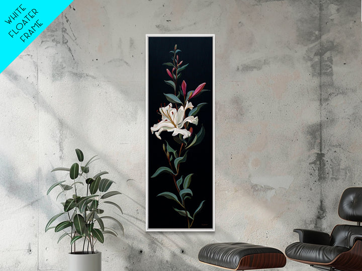 White Flower on Deep Black Background Canvas Print, Black and White Art, Digital Art, Living Room Decor, Watercolor Art, BAW-1x3-48