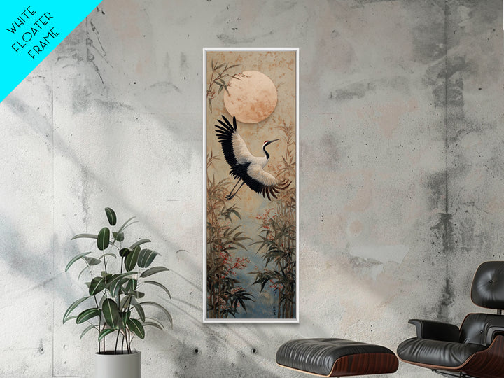 Black Ink Crane Flying Across Empty Sky Canvas Print, Black and White Art, Modern Decor, Living Room Decor, Monochrome, BAW-1x3-49
