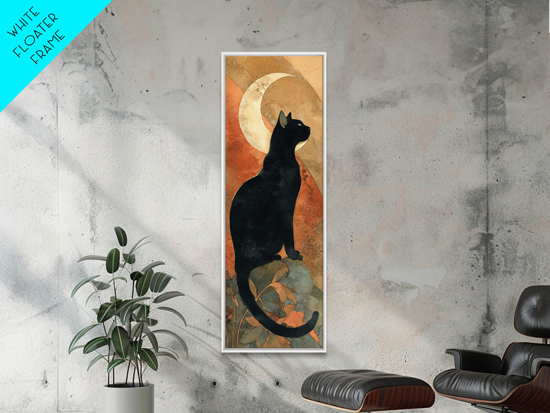 Black Cat Silhouette Framed Canvas Print, Black and White Art, Modern Wall Art, Living Room Decor, Oil Painting, Monochrome, BAW-1x3-76