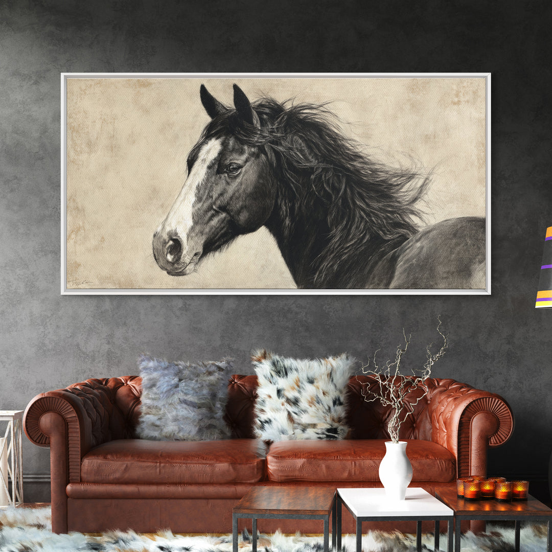 Black and White Wild Horse Portrait Framed Canvas Print, Black and White Art, Art Print, Living Room Decor, Monochrome, BAW-2x1-1
