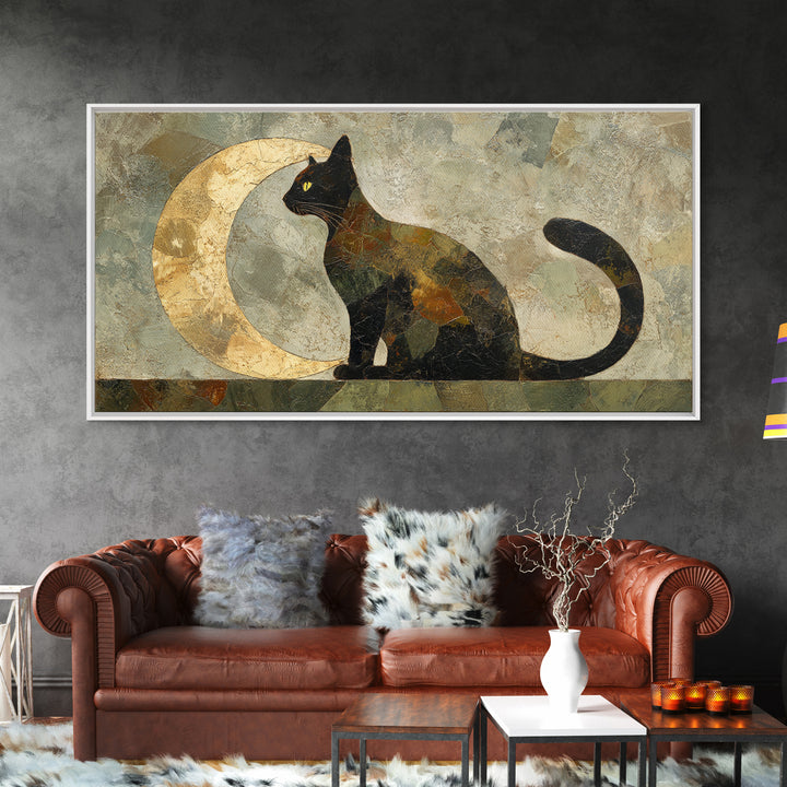 Black Cat Silhouette Framed Canvas Print, Black and White Art, Room Decor, Living Room Decor, Fine Art, Monochrome, Art Print, BAW-2x1-12