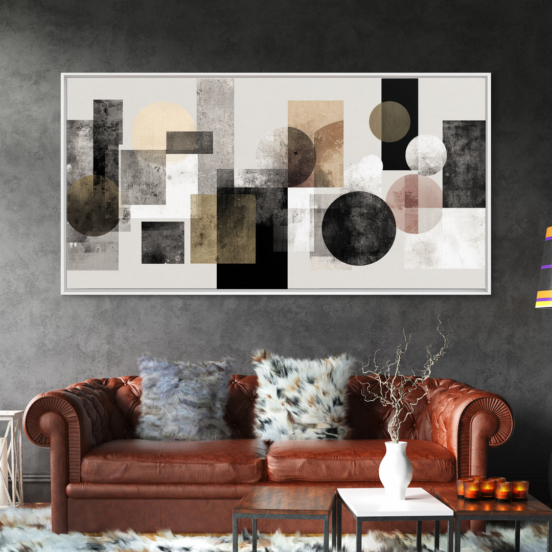 Geometric Bauhaus Grayscale Shapes Framed Canvas Print, Black and White Art, Luxury Decor, Living Room Decor, Abstract Art, BAW-2x1-14