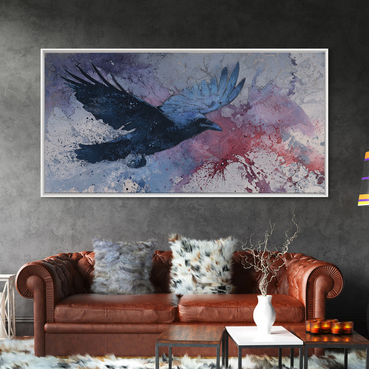 Ink Splatter Raven Composition Framed Canvas Print, Black and White Art, Fine Art Print, Living Room Decor, Monochrome, BAW-2x1-16