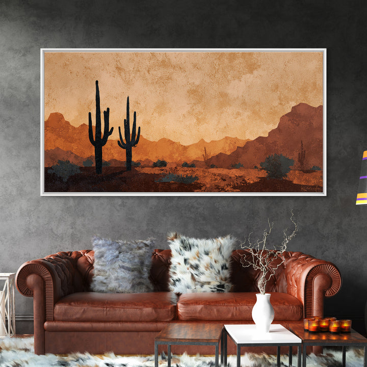 Monochrome Desert Cactus Silhouette Canvas Print, Black and White Art, Print, Living Room Decor, Watercolor Art, Monochrome, BAW-2x1-17