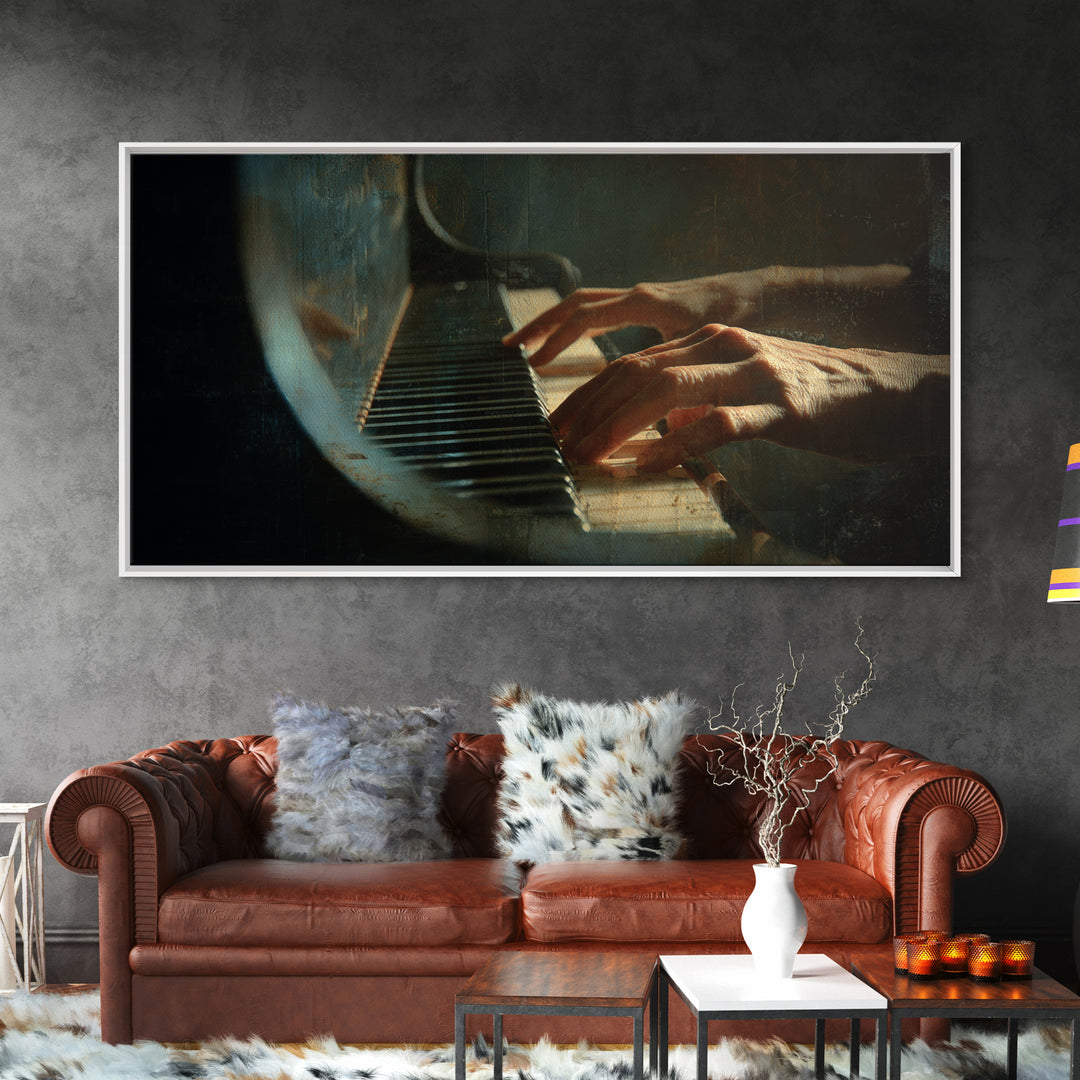 Piano Keys and Hands Framed Canvas Print, Black and White Art, Room Decor, Living Room Decor, Fine Art, Monochrome, Art Print, BAW-2x1-18