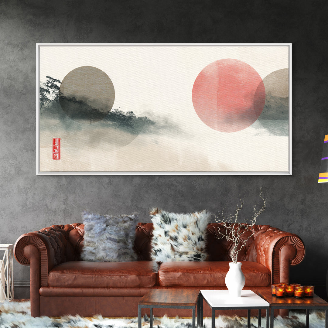 Large Circle and Line Abstract Framed Canvas Print, Black and White Art, Statement Artwork, Living Room Decor, Abstract Art, BAW-2x1-20