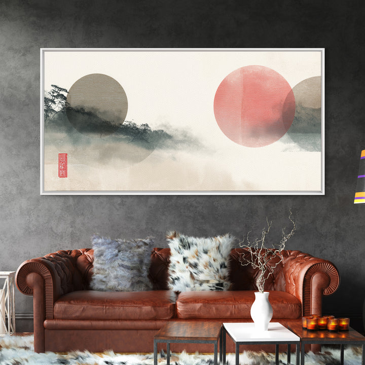 Large Circle and Line Abstract Framed Canvas Print, Black and White Art, Statement Artwork, Living Room Decor, Abstract Art, BAW-2x1-20