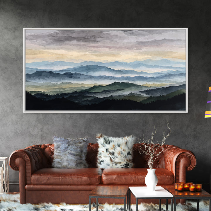 Black Ink Mountain Range Canvas Print, Black and White Art, Textured Painting, Living Room Decor, Watercolor Art, Monochrome, BAW-2x1-22
